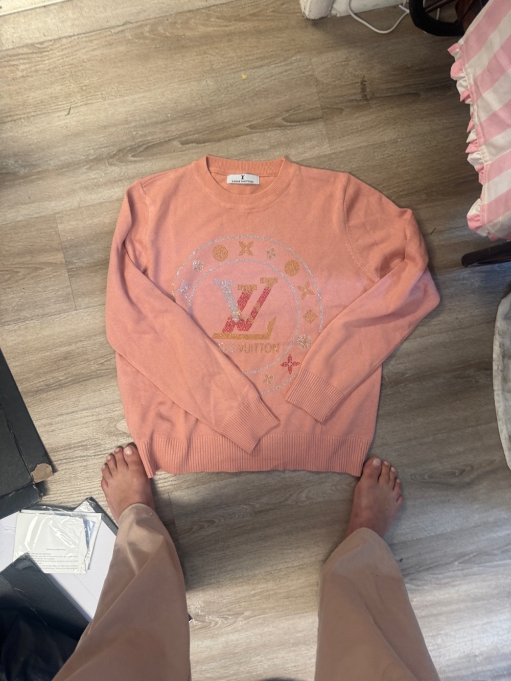 LV MONOGRAM Peach Crewneck Sweater with Embellished LV Motif